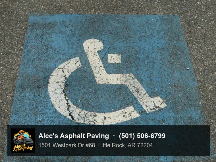 A painted accessible-parking square with a wheelchair symbol on older asphalt, a hairline crack running through it