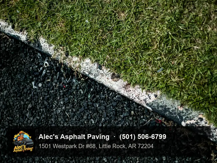 Close, high-angle view of dark asphalt meeting a strip of grass along a pale edge