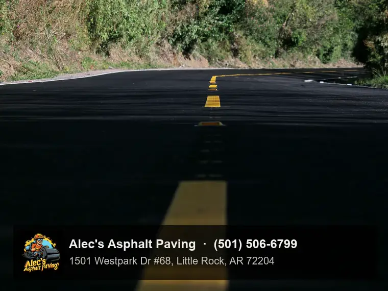 Low-angle view along a freshly paved, deep-black road with bright new center dashes curving past a brushy roadside bank